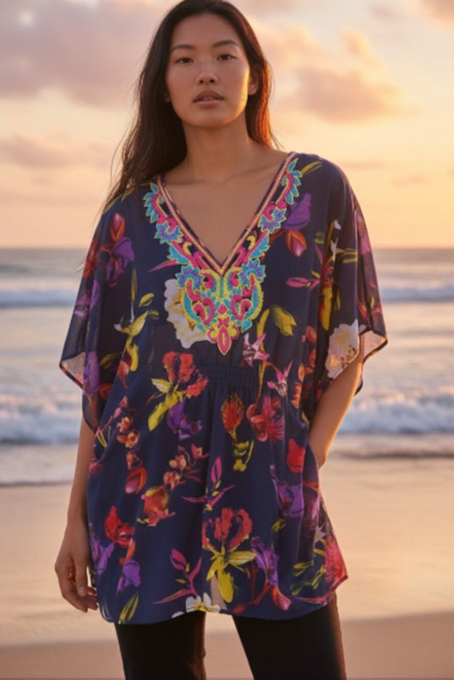 Navy Floral Beaded Swim Cover-up Top size Medium